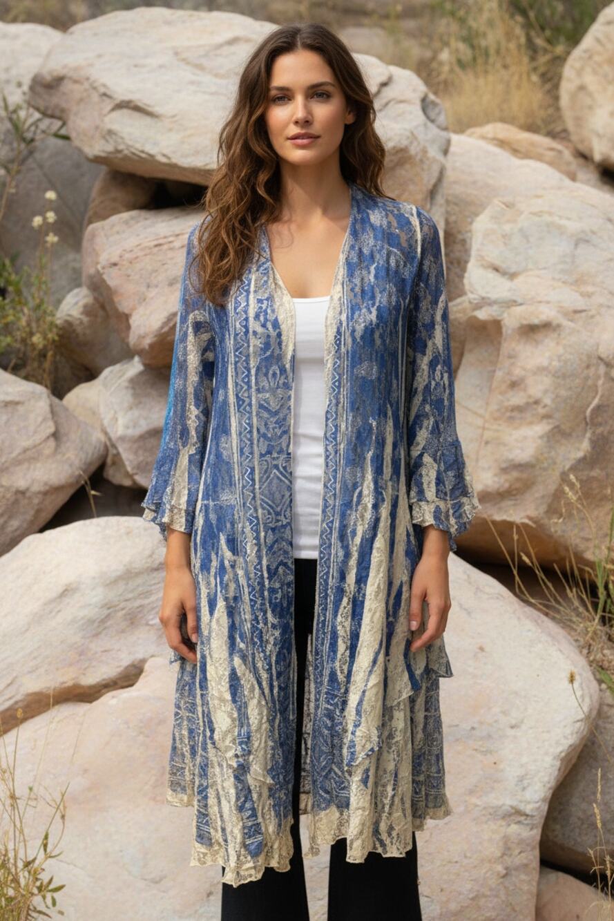 Origami Slate Blue and Ivory Paisley Hi-Lo Cardigan Small/Medium